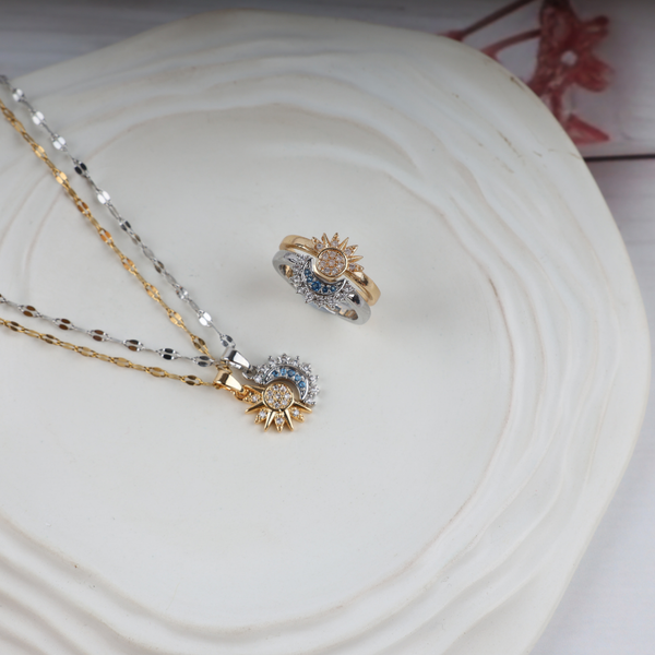 Love Couple Sun Moon Necklace, Ring Set