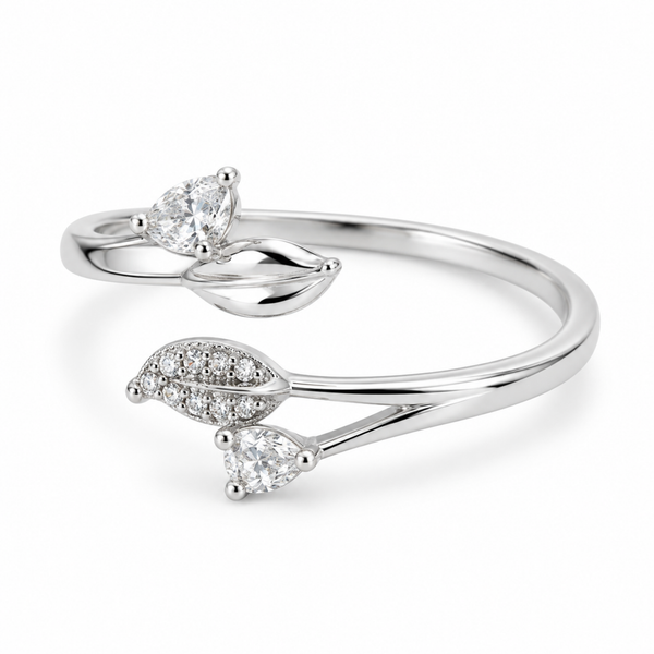 S925 Silver Crystal Leaf Wrap Adjustable Ring