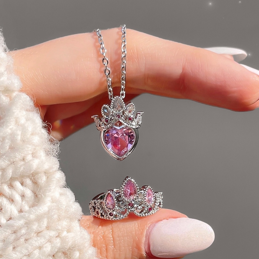 Love Pink Crown Necklace, Ring Set