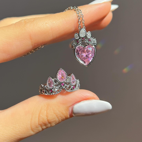 Love Pink Crown Necklace, Ring Set