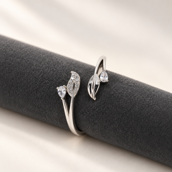 S925 Silver Crystal Leaf Wrap Adjustable Ring