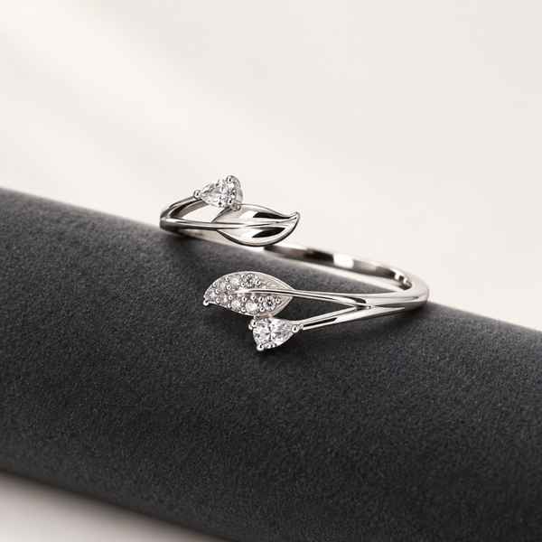 S925 Silver Crystal Leaf Wrap Adjustable Ring