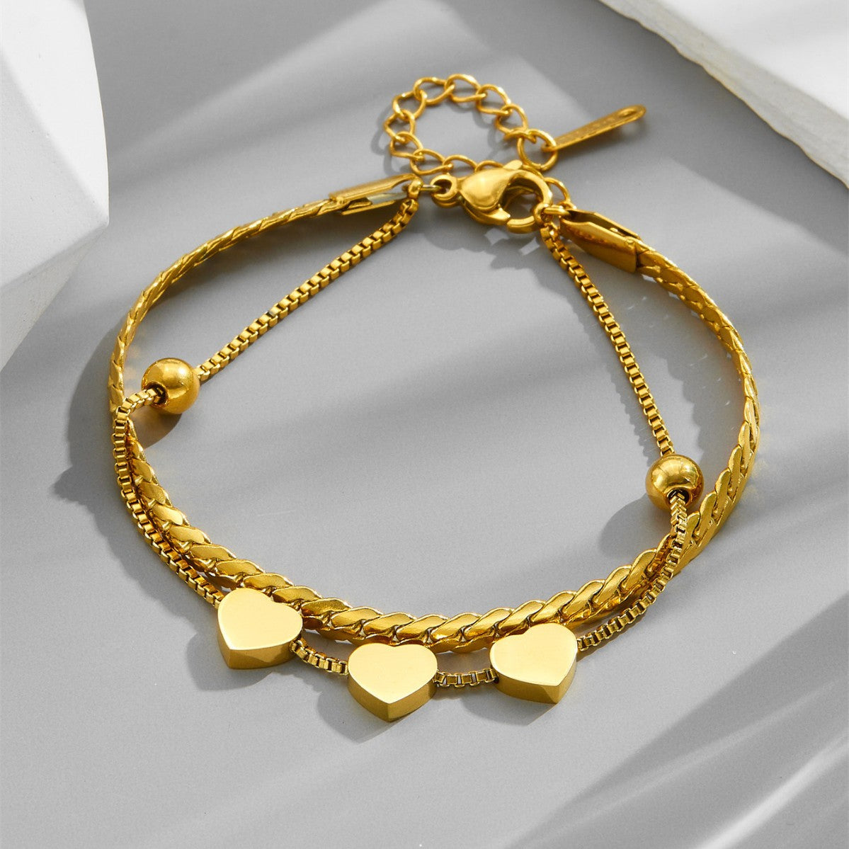 Golden Heart Charm Dual Chain Bracelet