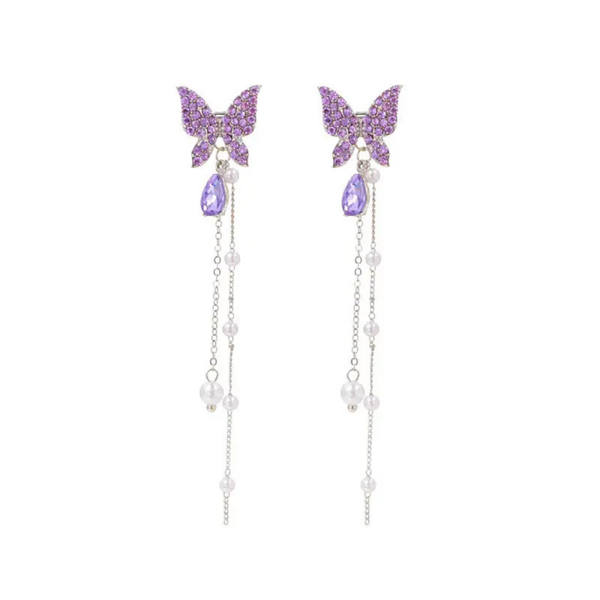 Long Tassel Purple Rhinestone Earrings