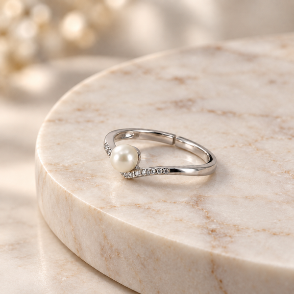 S925 Silver Pearl V-Shaped Adjustable Ring