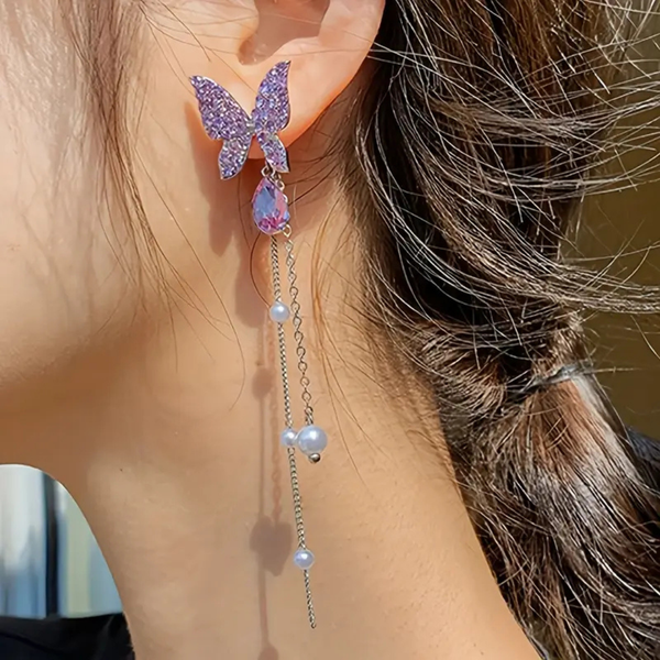 Long Tassel Purple Rhinestone Earrings