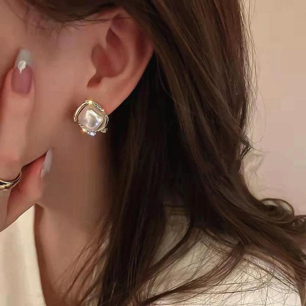 Gold Pearl Square Stud Earrings