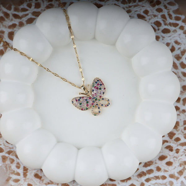 Gold Plated Multi Crystal Butterfly Pendant Necklace
