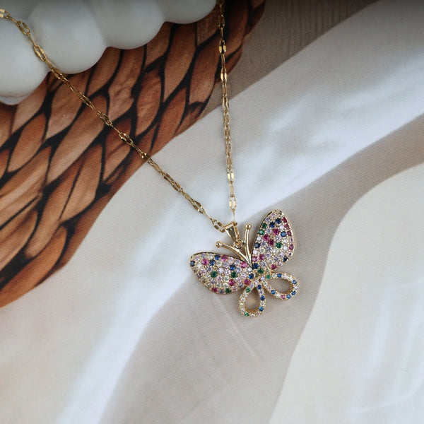 Gold Plated Multi Crystal Butterfly Pendant Necklace