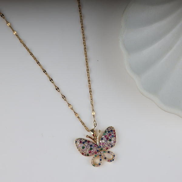 Gold Plated Multi Crystal Butterfly Pendant Necklace