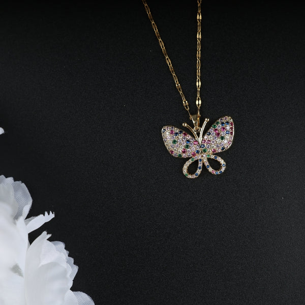 Gold Plated Multi Crystal Butterfly Pendant Necklace