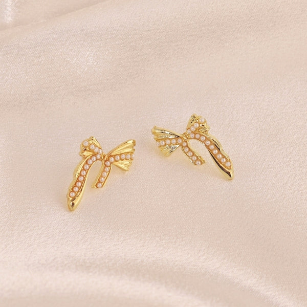 Gold Bow Pearl Design Stud Earrings
