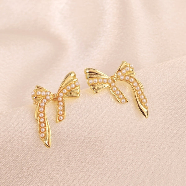 Gold Bow Pearl Design Stud Earrings