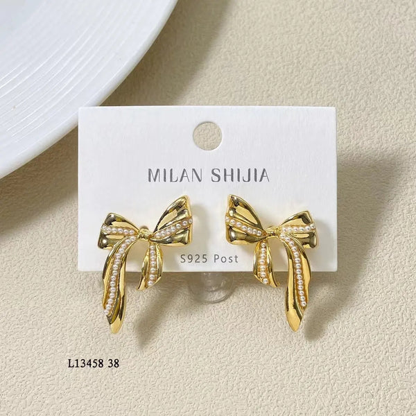 Gold Bow Pearl Design Stud Earrings