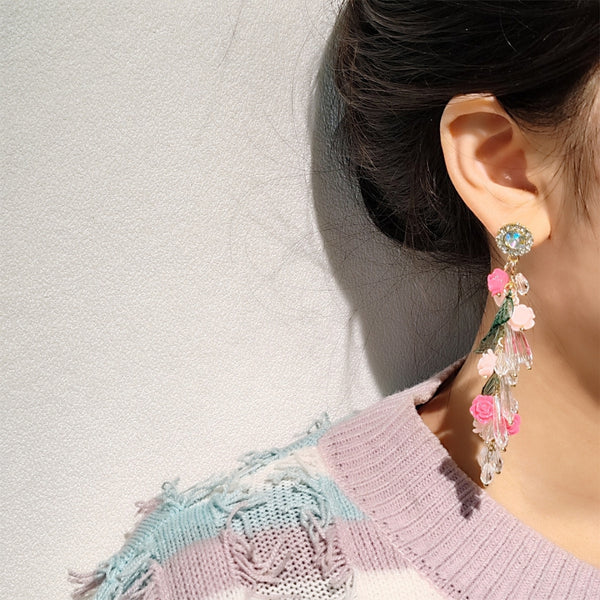 Pink rose tassel earrings