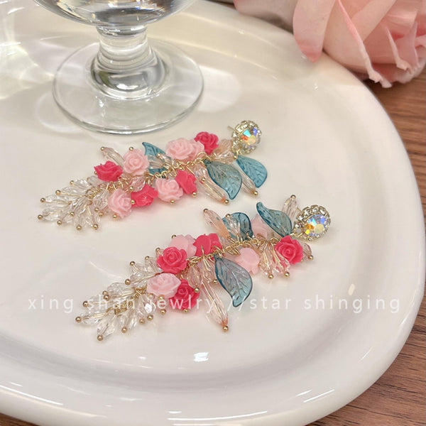 Pink rose tassel earrings