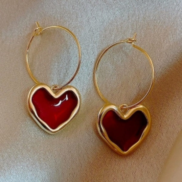 Golden Plated Red Heart Hoop Earring