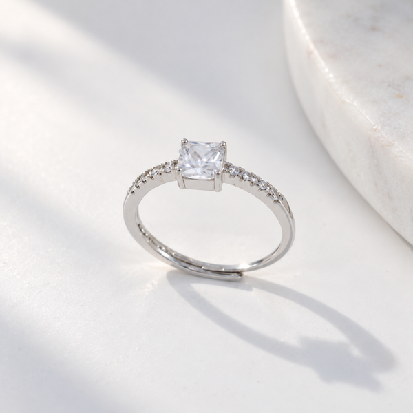 S925 Silver Princess Cut Solitaire Adjustable Ring