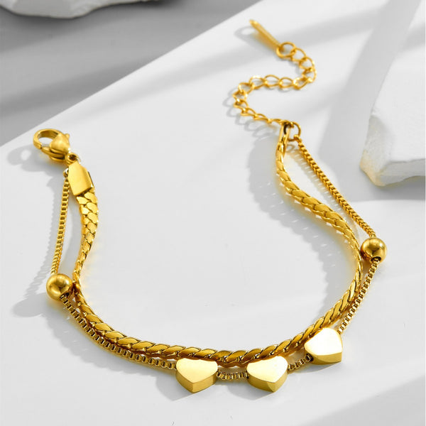 Golden Heart Charm Dual Chain Bracelet