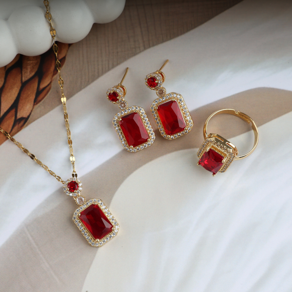 Love Red Cube Shape Necklace, Ring, Earring Set