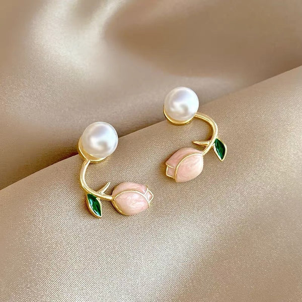 Combo Of 2 Enamel Tulip And Pearl Stud Earrings