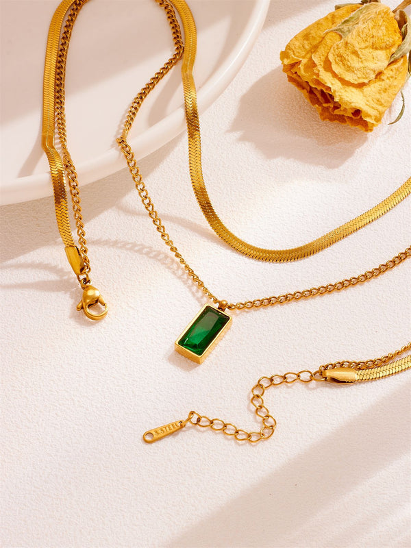 Gold Plated Baguette Snake Emerald Necklace