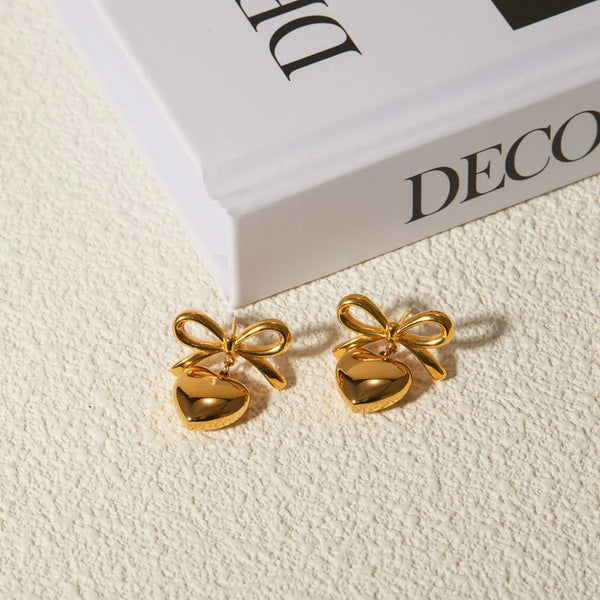 Anti Tarnish Cute Bow with heart dangler Earrings