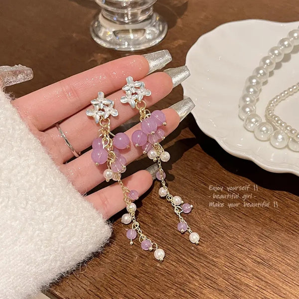 Purple Flower Beed Tassel Earrings