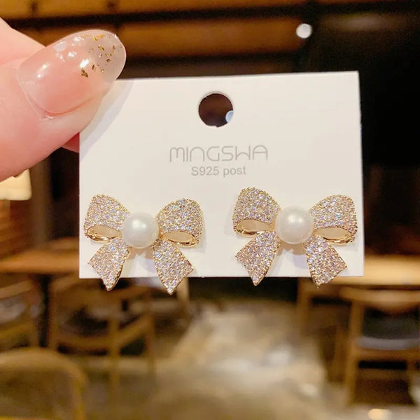 New Bow Shaped Pearl Zircon Stud Earrings