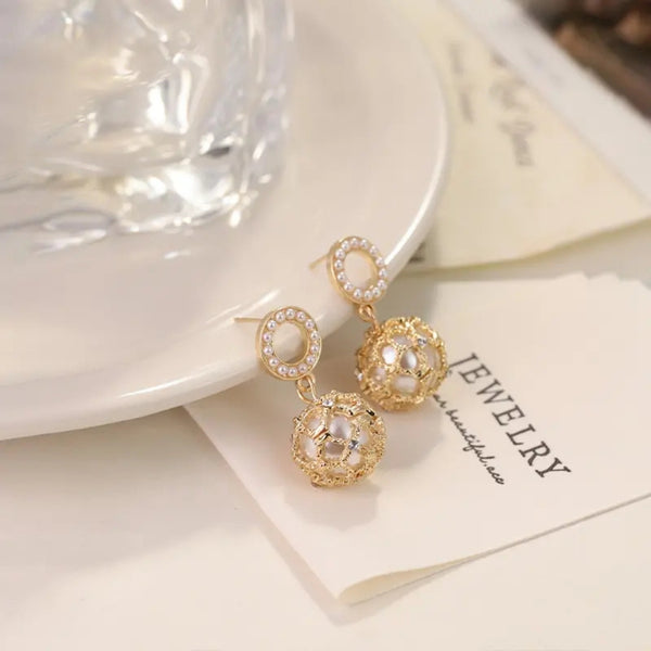 Trendy gold Cage Ball Drop Earrings