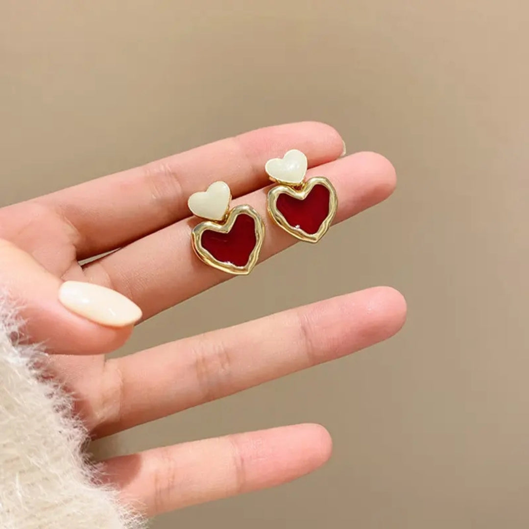 Burgundy Red Enamel Heart Earrings