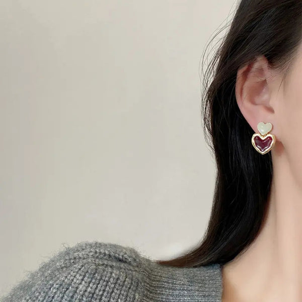 Burgundy Red Enamel Heart Earrings