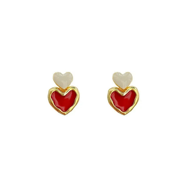 Burgundy Red Enamel Heart Earrings