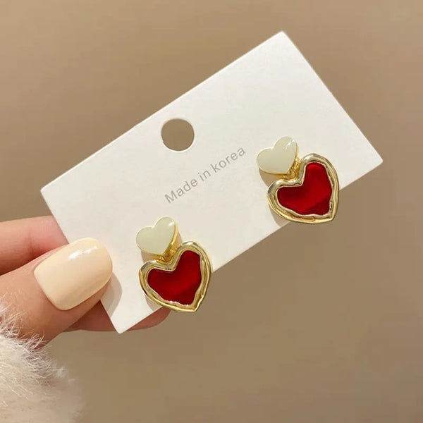 Burgundy Red Enamel Heart Earrings