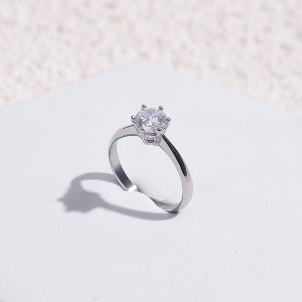 S925 Silver Classic Six-Prong Solitaire Adjustable Ring
