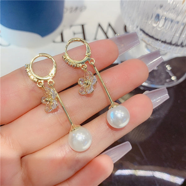 Pearl flower long tassel earring