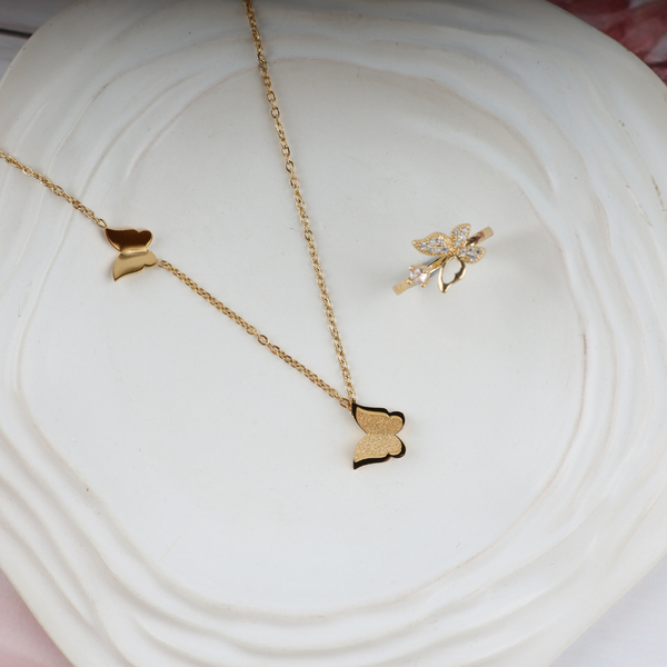 Love Gold Plated Butterfly Necklace, Ring Set