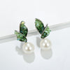 Green crystal leaf pearl earrings