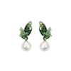 Green crystal leaf pearl earrings