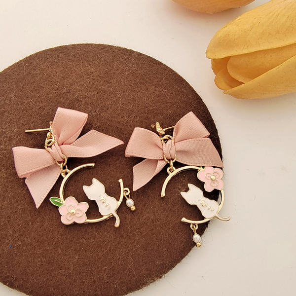 Cute Pink Bow Cat Drop Earring