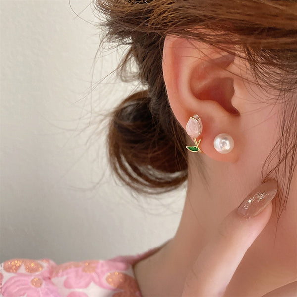 Pack Of 2 Round Pearl & Pink Rose Earrings