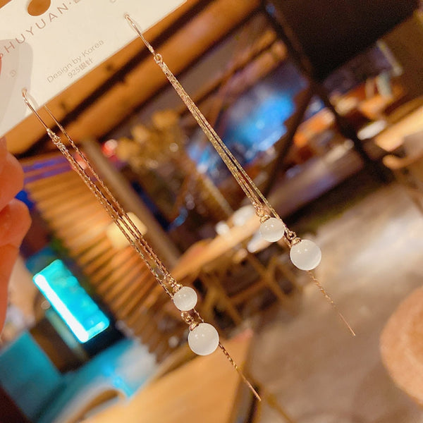 Opal ball long tassel earring