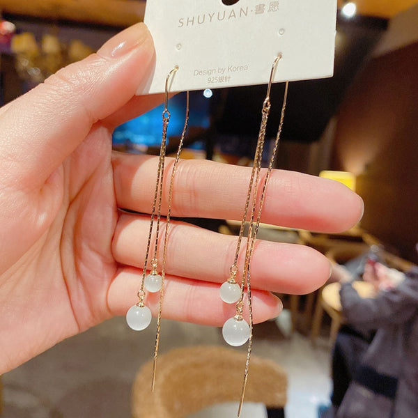 Opal ball long tassel earring