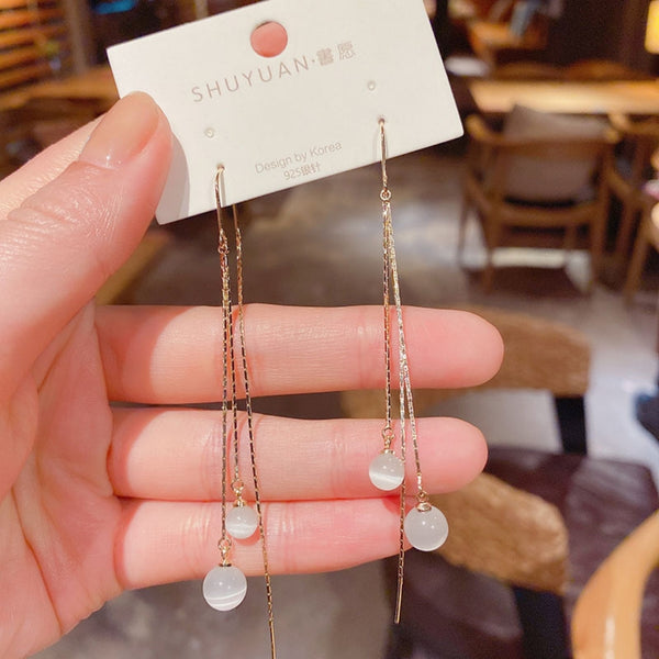 Opal ball long tassel earring