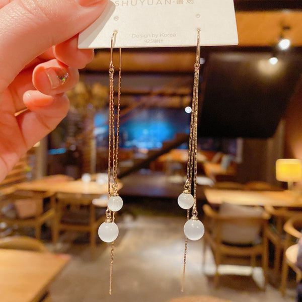 Opal ball long tassel earring