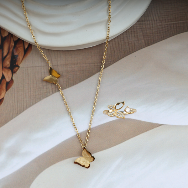 Love Gold Plated Butterfly Necklace, Ring Set