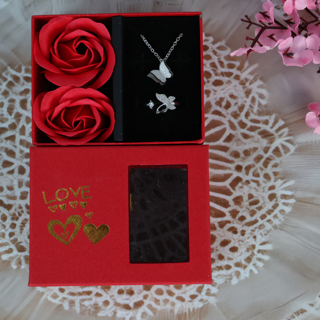 Love Silver Plated Butterfly Necklace, Ring Set