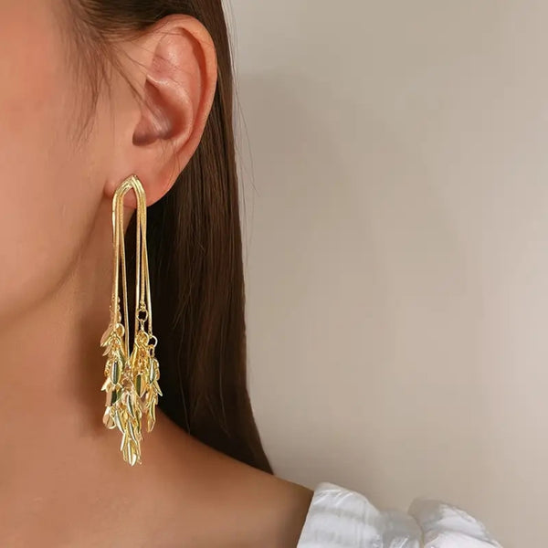 Gold Drop Flower Leaf Earrings