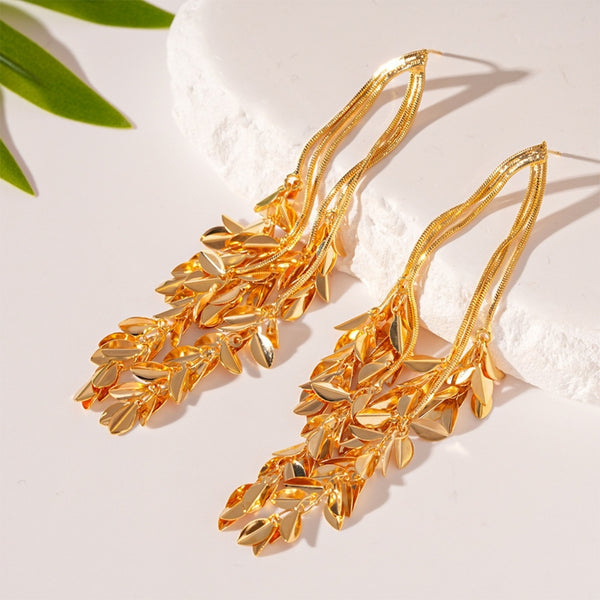 Gold Drop Flower Leaf Earrings