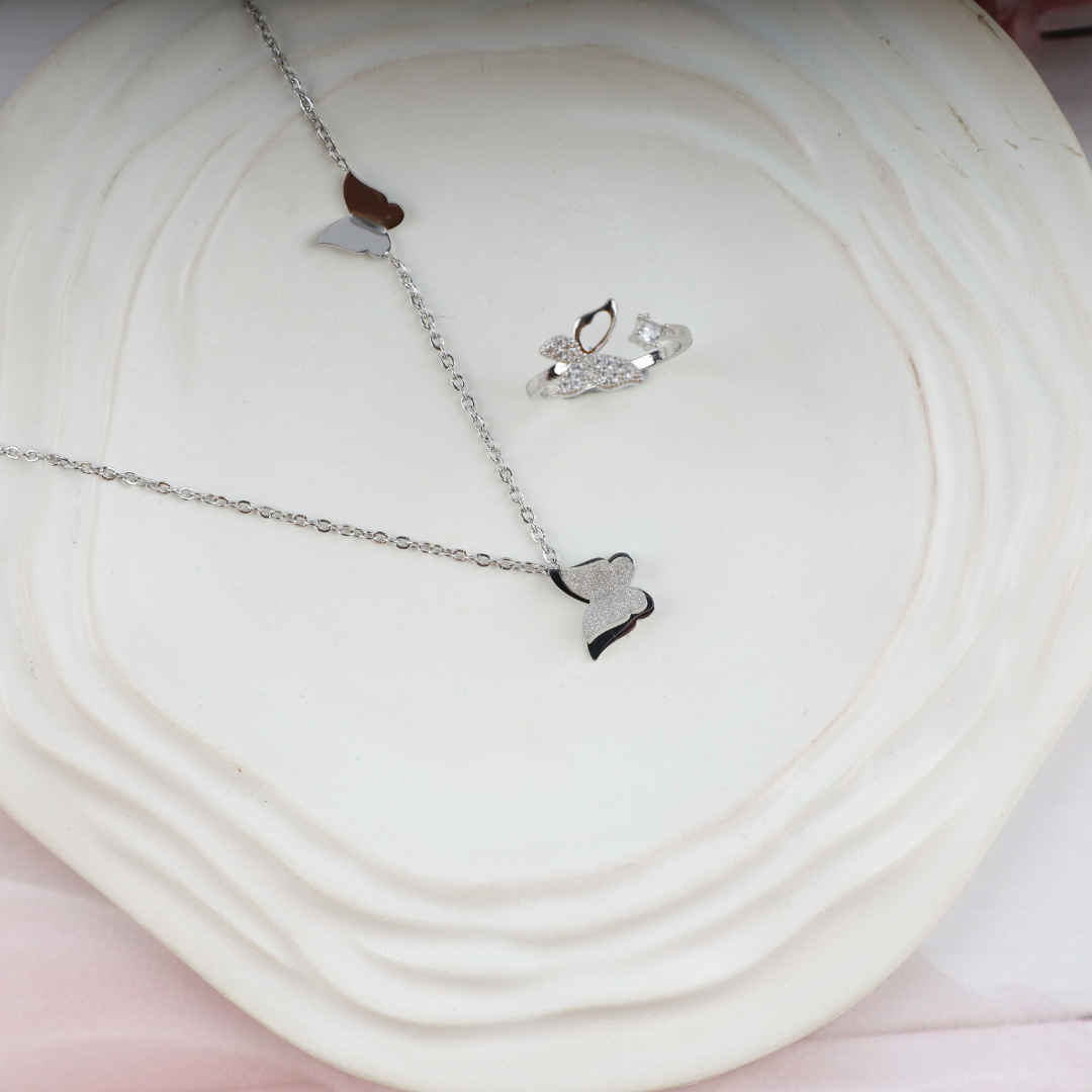 Love Silver Plated Butterfly Necklace, Ring Set